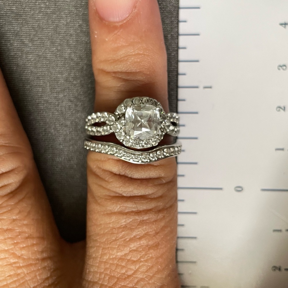 QVC Diamonique 2.90 cttw Asscher Bridal Ring Set, Platinum Clad Size 8